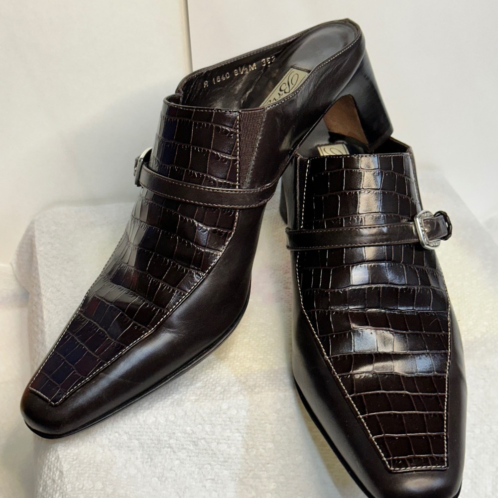 Brighton Tiana Mules Women 8.5M Brown Croc Embossed Buckle Heel Excellent - Picture 10 of 10